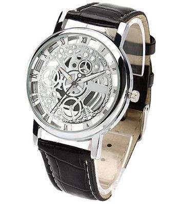 UNIQUE UNISEX SILVER SKELETON DIAL AND BLACK FAUX CROCODILE STRAP - NOT MECHANICAL