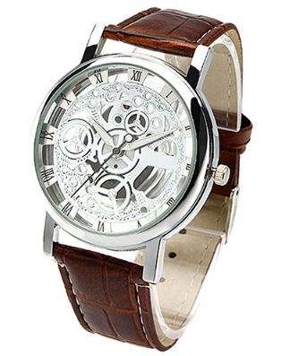 UNIQUE UNISEX SILVER SKELETON DIAL AND TAN BROWN FAUX CROCODILE STRAP - NOT MECHANICAL
