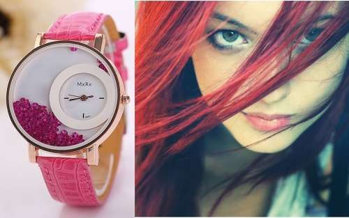 UNUSUAL  "PINK CRYSTALS IN MOTION" LADIES QUARTZ ANALOG WATCH WITH PINK PU LEATHER STRAP