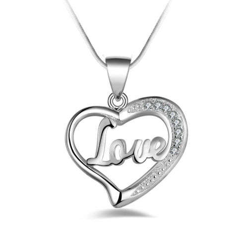 VALENTINE'S GIFT  - SILVER ALLOY OPEN HEART PENDANT WITH LOVE WORD AND RHINESTONES INCLUDES CHAIN