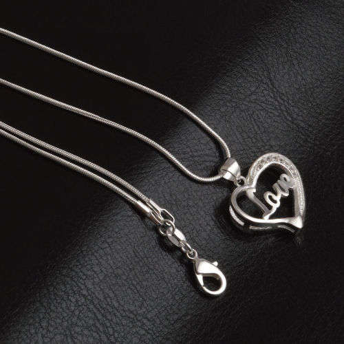 VALENTINE'S GIFT  - SILVER ALLOY OPEN HEART PENDANT WITH LOVE WORD AND RHINESTONES INCLUDES CHAIN