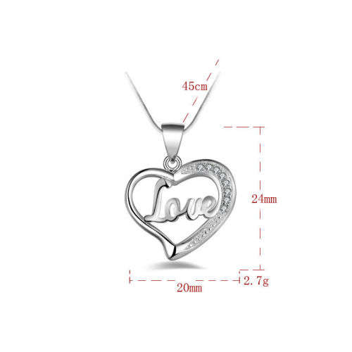 VALENTINE'S GIFT  - SILVER ALLOY OPEN HEART PENDANT WITH LOVE WORD AND RHINESTONES INCLUDES CHAIN