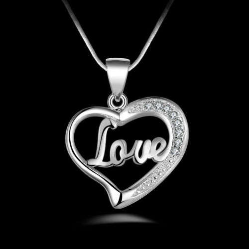 VALENTINE'S GIFT  - SILVER ALLOY OPEN HEART PENDANT WITH LOVE WORD AND RHINESTONES INCLUDES CHAIN