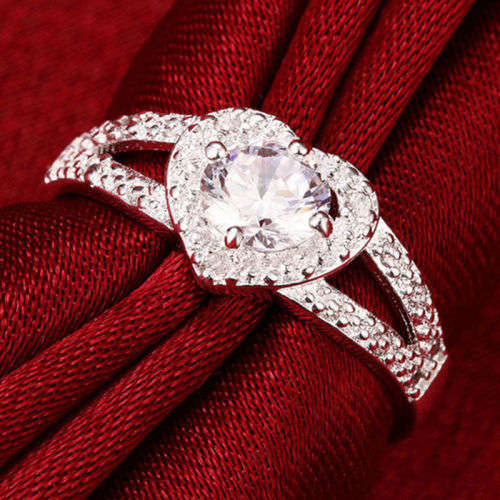 GIFT  FOR YOUR LOVE - SILVER FILLED DAINTY HEART SHAPED CRYSTAL RING -  (10) T1/4