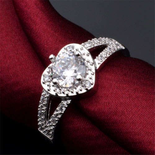 GIFT  FOR YOUR LOVE - SILVER FILLED DAINTY HEART SHAPED CRYSTAL RING -  (10) T1/4