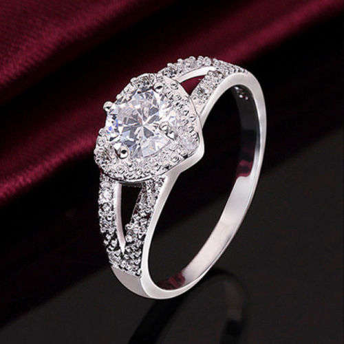 GIFT  FOR YOUR LOVE - SILVER FILLED DAINTY HEART SHAPED CRYSTAL RING -  (10) T1/4