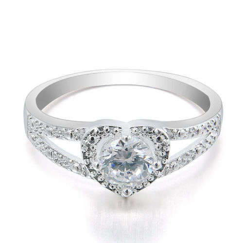 GIFT  FOR YOUR LOVE - SILVER FILLED DAINTY HEART SHAPED CRYSTAL RING -  (10) T1/4