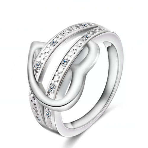 VALENTINE'S GIFT  FOR YOUR LOVE - SILVER FILLED MODERN HEART AND CRYSTAL RING - 2 SIZES AVAILABLE