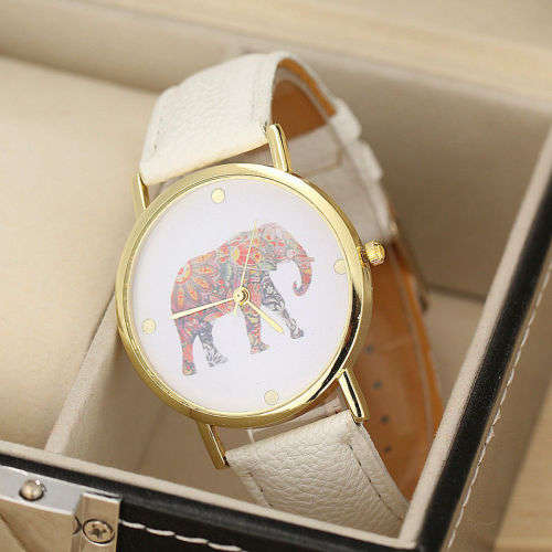 WOMAN'S  ELEPHANT PATTERN DIAL QUARTZ WRISTWATCH WITH WHITE FAUX LEATHER STRAP
