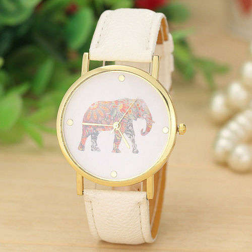WOMAN'S  ELEPHANT PATTERN DIAL QUARTZ WRISTWATCH WITH WHITE FAUX LEATHER STRAP