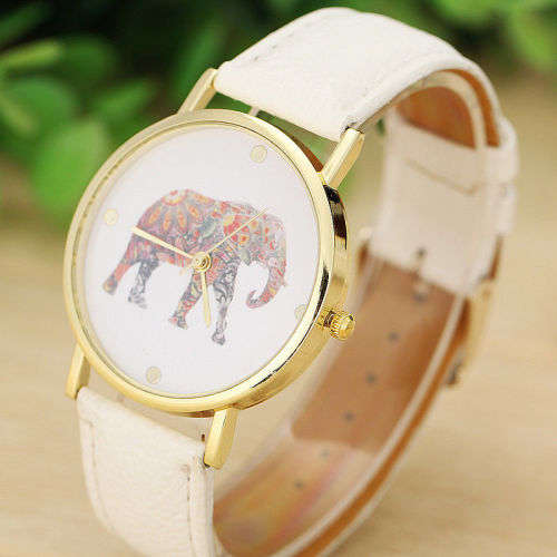 WOMAN'S  ELEPHANT PATTERN DIAL QUARTZ WRISTWATCH WITH WHITE FAUX LEATHER STRAP