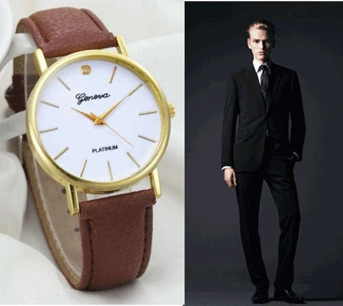 MEN'S  FASHIONABLE DRESS QUARTZ ANALOG  WATCH WITH BROWN PU LEATHER STRAP