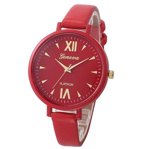 GENEVA RED THIN STRAP WATCH FAUX LEATHER ROMAN NUMERALS QUARTZ WRIST WATCH