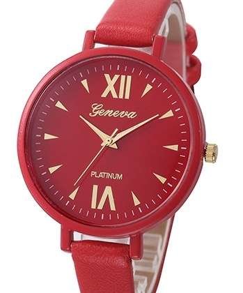 GENEVA RED THIN STRAP WATCH FAUX LEATHER ROMAN NUMERALS QUARTZ WRIST WATCH