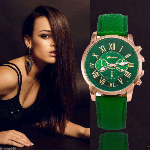 VOGUE WOMAN'S DEEP GREEN ROMAN NUMERALS ANALOG QUARTZ WRISTWATCH WITH FAUX LEATHER STRAP