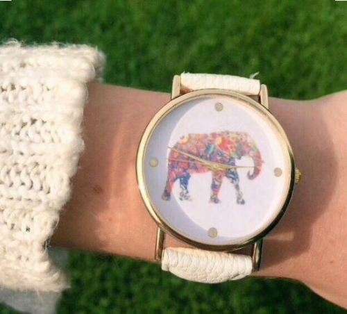 WOMAN'S  ELEPHANT PATTERN DIAL QUARTZ WRISTWATCH WITH WHITE FAUX LEATHER STRAP