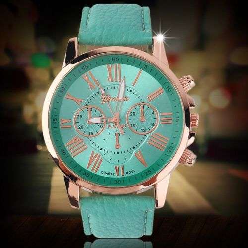 EXQUISITE GENEVA  WOMENS  TEAL  ROMAN NUMERALS ANALOG QUARTZ WRISTWATCH WITH FAUX LEATHER STRAP