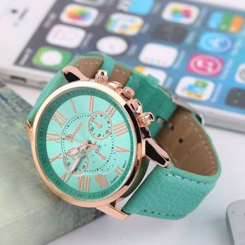 EXQUISITE GENEVA  WOMENS  TEAL  ROMAN NUMERALS ANALOG QUARTZ WRISTWATCH WITH FAUX LEATHER STRAP