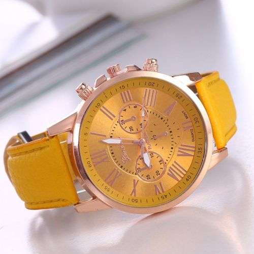 LUXURY ROSE GOLD YELLOW DIAL WITH ROMAN NUMERALS QUARTZ ANALOG LADIES STUNNING WATCH