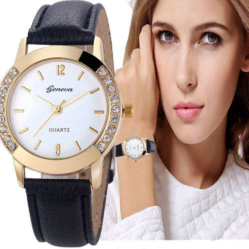 HOT!!! GENEVA WOMEN'S CRYSTAL ANALOG  QUARTZ DRESS WATCH WITH BLACK  FAUX LEATHER STRAP