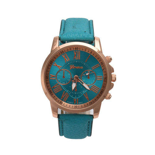 EXQUISITE GENEVA  WOMENS  TEAL  ROMAN NUMERALS ANALOG QUARTZ WRISTWATCH WITH FAUX LEATHER STRAP