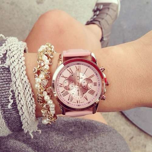 GENEVA  WOMANS PINK ROMAN NUMERALS ANALOG QUARTZ WRISTWATCH WITH FAUX LEATHER STRAP