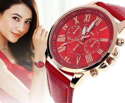 CLASSIC RED GENEVA ROMAN NUMERAL ANALOG QUARTZ  WATCH WITH RED FAUX LEATHER
