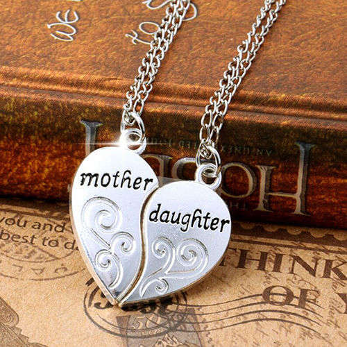 XMAS GIFT !  MOTHER AND DAUGHTER - 2 CHAINS / 2 PENDANTS - HEART SHAPED PENDANT WITH INSCRIPTIONS