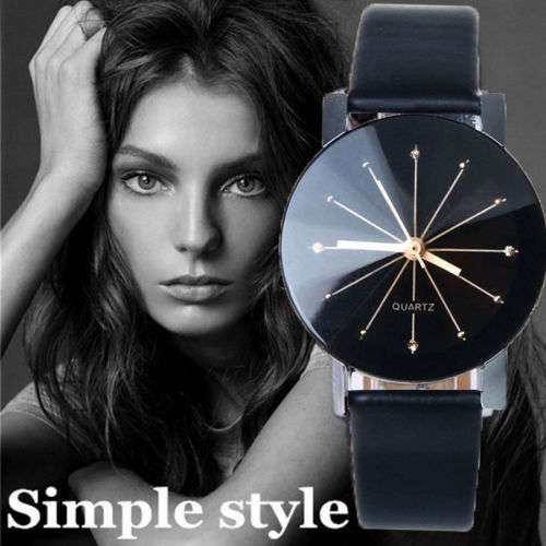 WOMAN'S ELEGANT BLACK FACED FASHION ANALOG QUARTZ DRESS WRIST WATCH WITH BLACK PU LEATHER STRAP