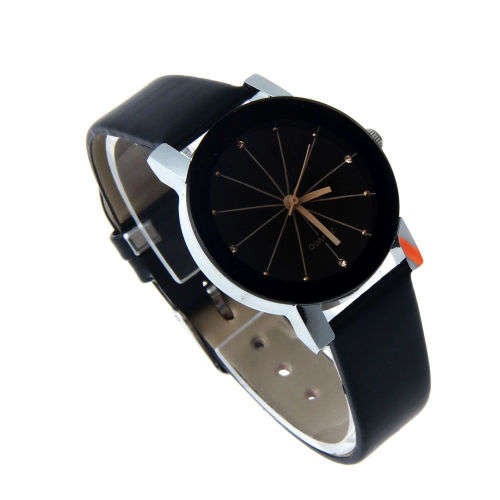 WOMAN'S ELEGANT BLACK FACED FASHION ANALOG QUARTZ DRESS WRIST WATCH WITH BLACK PU LEATHER STRAP