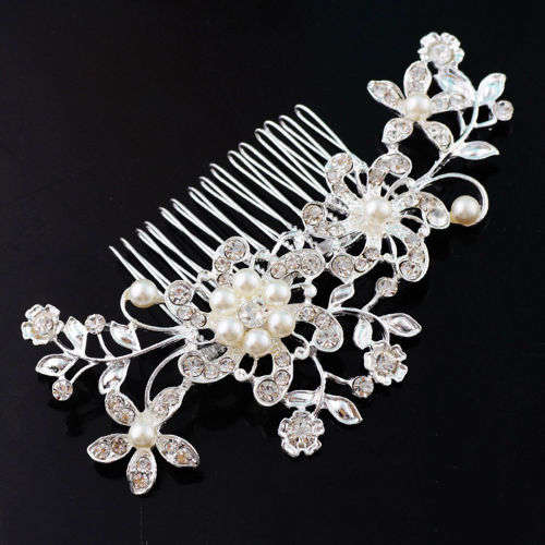 WEDDING BRIDAL HAIR COMB/SLIDE - WHITE FAUX PEARLS AND CRYSTAL - METAL - BEAUTIFULLY CRAFTED