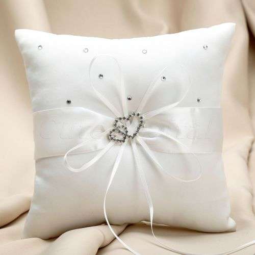 MEDIUM SIZE IVORY SATIN RING BEARER CUSHION PILLOW WITH IVORY RIBBON AND RHINESTONE HEARTS