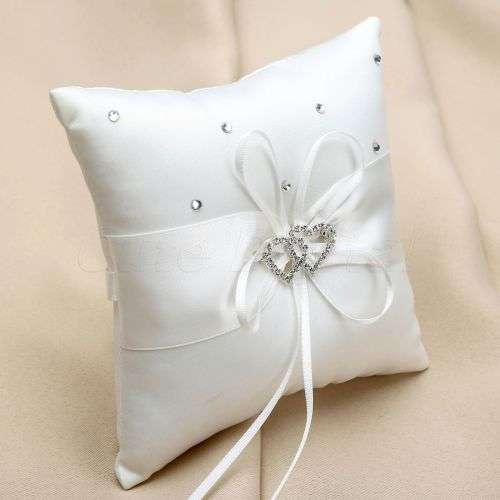 MEDIUM SIZE IVORY SATIN RING BEARER CUSHION PILLOW WITH IVORY RIBBON AND RHINESTONE HEARTS