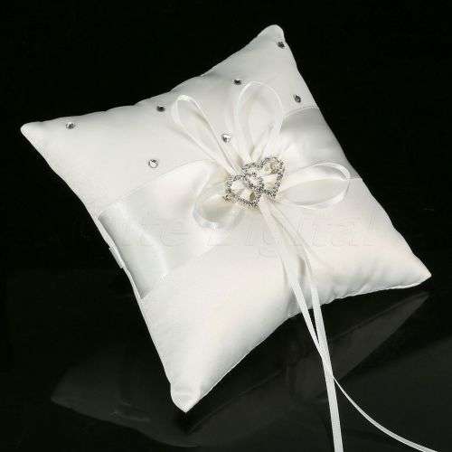 MEDIUM SIZE IVORY SATIN RING BEARER CUSHION PILLOW WITH IVORY RIBBON AND RHINESTONE HEARTS