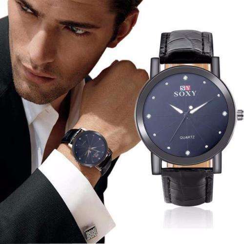 MEN'S DRESS WATCH WITH BLACK DIAL AND BLACK FAUX LEATHER STRAP