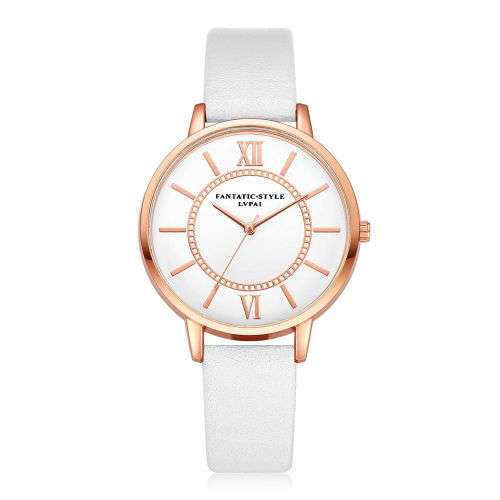FASHION GENEVA WOMANS ANALOG QUARTZ WATCH WITH FAUX WHITE LEATHER BAND