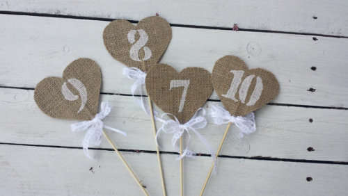 10 x WEDDING DECOR  SHABBY CHIC - TABLE NUMBERS - BURLAP / HESSIAN  HEARTS AND WHITE LACE NUMBERS