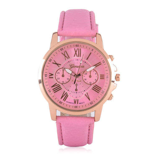 GENEVA  WOMANS PINK ROMAN NUMERALS ANALOG QUARTZ WRISTWATCH WITH FAUX LEATHER STRAP