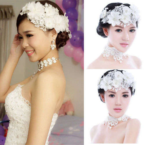 BRIDE'S HAIR  FAUX PEARL, CRYSTAL AND LACE FLOWER HEADBAND OR HAIR ACCESSORY / TIARA
