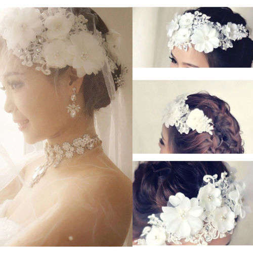 BRIDE'S HAIR  FAUX PEARL, CRYSTAL AND LACE FLOWER HEADBAND OR HAIR ACCESSORY / TIARA