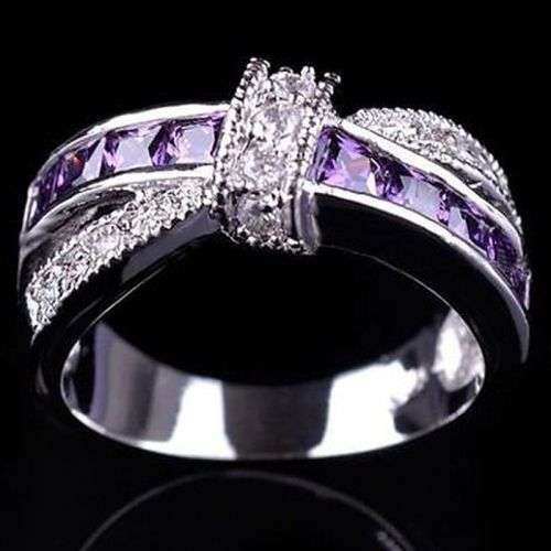 1.6ct AMETHYST & WHITE CZ'S IN CROSS OVER DESIGN  925 SILVER PLATED RING SIZE 8  (Q) - FASHION ITEM
