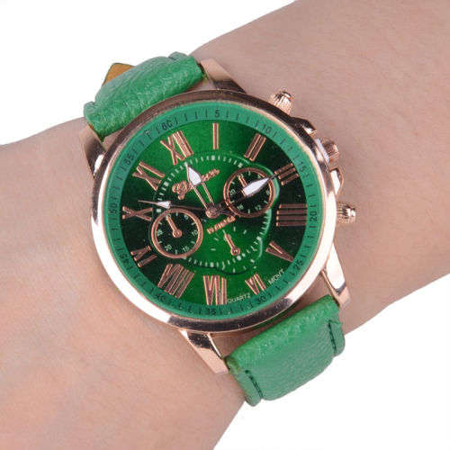 VOGUE WOMAN'S SEA GREEN  ROMAN NUMERALS ANALOG QUARTZ WRISTWATCH WITH FAUX LEATHER STRAP