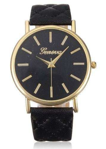 WOMAN GENEVA BLACK FACED ANALOG QUARTZ WRIST WATCH WITH BLACK QUILTED PU LEATHER STRAP