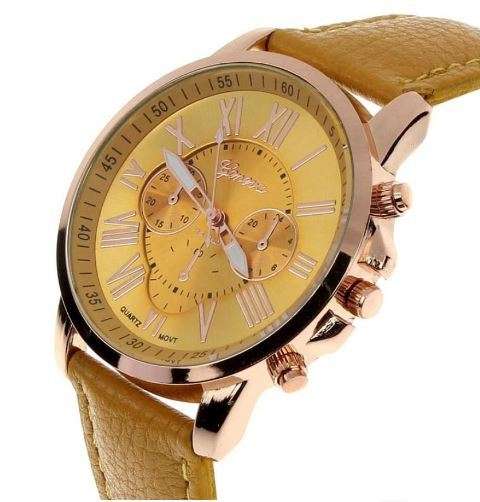 WOMAN CHIC CHARMING QUICKSAND FACE GENEVA ROMAN NUMERAL QUARTZ  WATCH WITH FAUX LEATHER STRAP