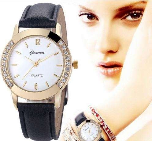 HOT!!! GENEVA WOMEN'S CRYSTAL ANALOG  QUARTZ DRESS WATCH WITH BLACK  FAUX LEATHER STRAP