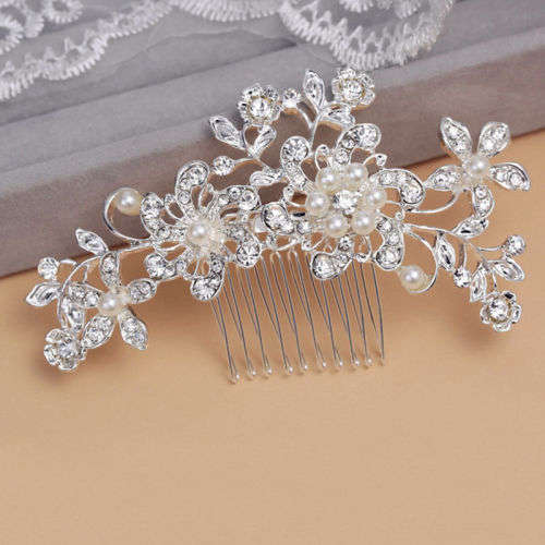 WEDDING BRIDAL HAIR COMB/SLIDE - WHITE FAUX PEARLS AND CRYSTAL - METAL - BEAUTIFULLY CRAFTED
