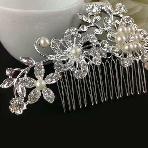 WEDDING BRIDAL HAIR COMB/SLIDE - WHITE FAUX PEARLS AND CRYSTAL - METAL - BEAUTIFULLY CRAFTED