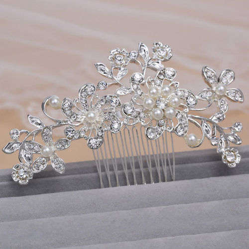 WEDDING BRIDAL HAIR COMB/SLIDE - WHITE FAUX PEARLS AND CRYSTAL - METAL - BEAUTIFULLY CRAFTED