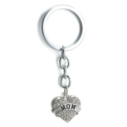 PERFECT GIFT FOR A SPECIAL LADY - MOM ENCRUSTED HEART SILVER COLOURED KEY RING