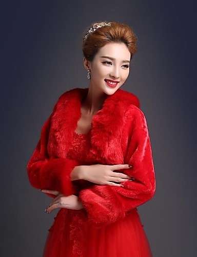 WEDDING OR SPECIAL OCCASION FAUX FUR WRAP, COAT, BOLERO  JACKET 3/4-LENGTH SLEEVES  - RED